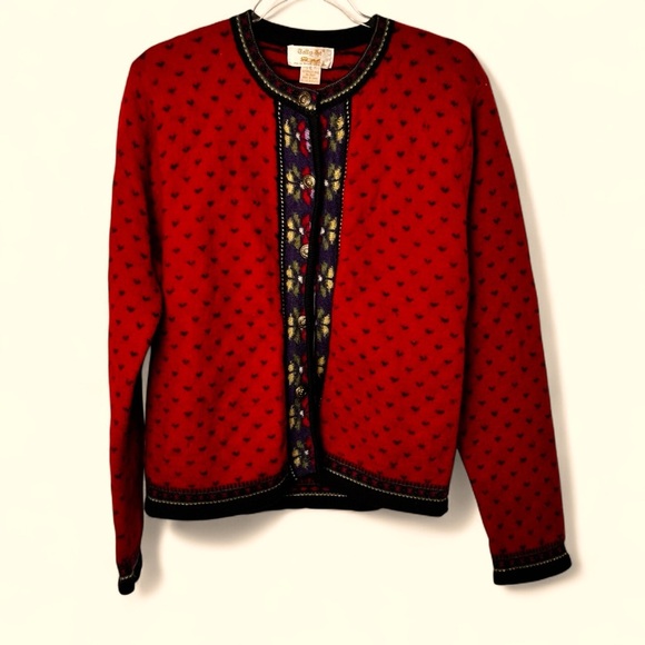 Vintage 100% Boiled Wool Folk Art Knit Cardigan Sweater Women’s Size Large red - Picture 1 of 8